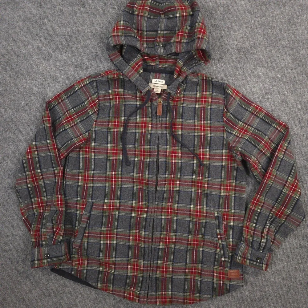 LL Bean Flannel Hoodie Womens Small Gray Red Scotch Plaid Full Zip Relaxed Fit
